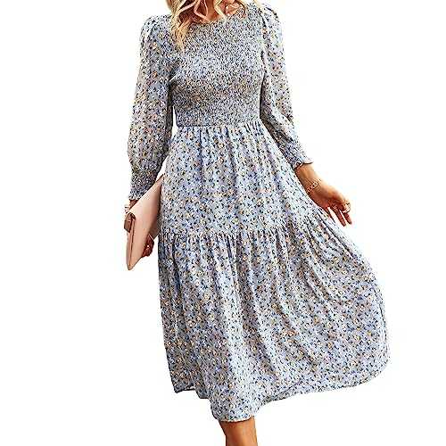 OUSIMEN Women's Dresses Casual Summer Long Sleeve Floral Print Party Beach Midi Dress