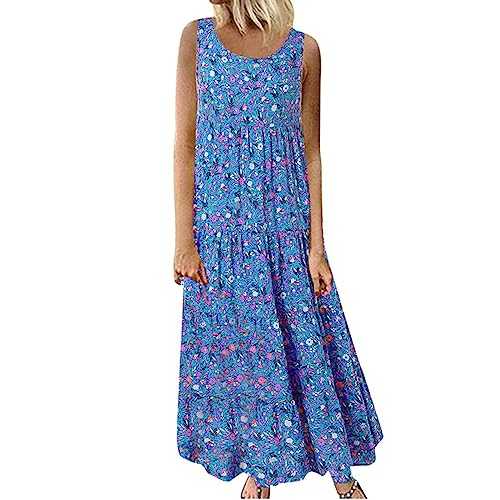 AMDOLE Women Casual Loose Bohemian Floral Dresses with Pockets Sleeveless Summer Beach Swing Dress Long Summer Dress for Women