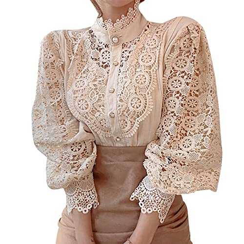 Febbabe Women Lace Blouse Ruffle 3/4 Sleeve Vintage Stand Collar Tunic Tops Casual Hollow Out Flower Patchwork Button Down Shirts Loose Puff Blouses