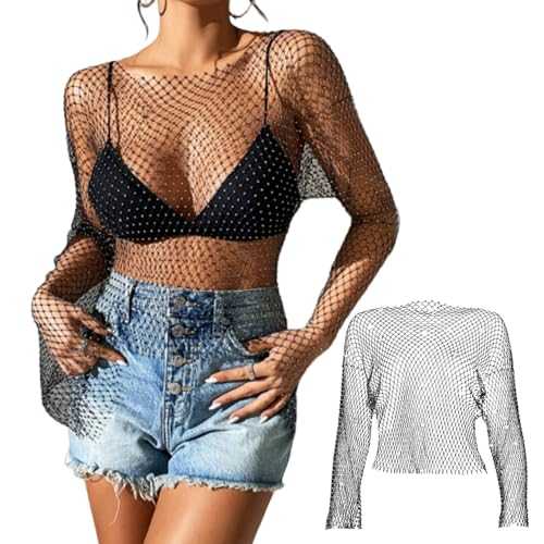 1 Piece Black Mesh Blouse, Glitter Rhinestone Long Sleeves, Sexy Transparent Fishnet Blouse, Crystal Crew Neck Blouse, Women’S Tank Top Blouse, Dinner, Party Festive Wear