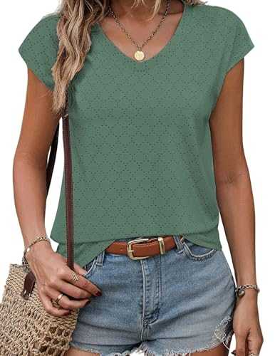 Zeagoo Womens Tops Sumemr Short Sleeve V Neck Ladies T Shirts Elegant Eyelet Embroidery Tee