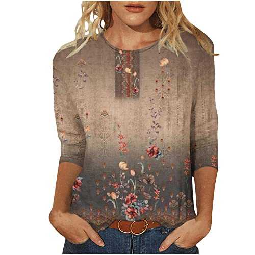 Women Summer Tops Spring Printed T Shirts Mid-Length 3/4 Sleeves V-Neck Blouses Tees Casual Loose Pullover Vacation Leisure T Shirts Tops Basic Tees UK Size S-2XL