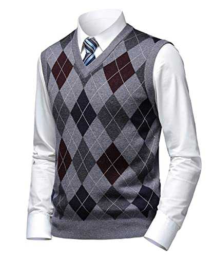 Herothorn Men's Thick Argyle Sweater Vests Classic V-Neck Knitwear Jumper Waistcoat Wool Blend Sleeveless Cardigan with Buttons Warm Plaid Tank Tops Autumn Winter