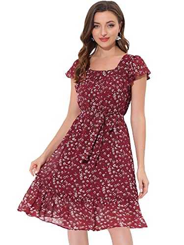 Allegra K Women's Floral Chiffon Flutter Sleeve Belted Square Neck Ruffled Hem Dress