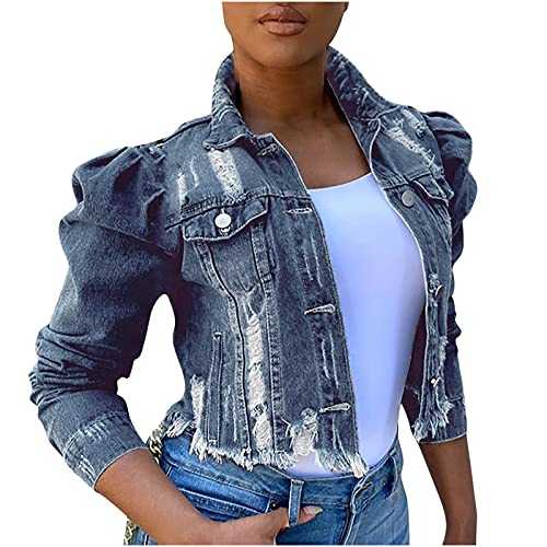 FunAloe Denim Jackets Women Long Coat For Women Casual Jackets For Women Street Short Lapel Frayed Breasted Puff Sleeve Slim Jacket Sleeve Hoodless Outwear Short Frayed