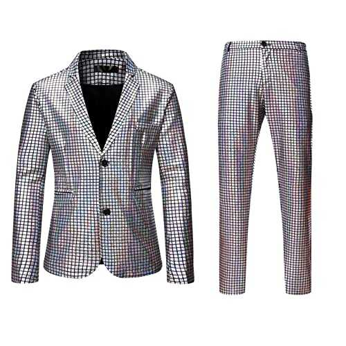 2025 Men's Metallic Sequin Suits 2 Piece Disco Sets Shiny Jacket and Pants for Formal Events Casual Jacket Pants Outfit Set Adult 70s Shiny Metallic Sequin Halloween Cosplay Party Suit