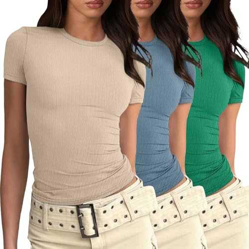 Generisch Women's Tops Elegant Sexy Short Sleeve Women's Short Sleeve Stripe Top 3 Piece Set Tops Women's Sexy Short Sleeve Sexy Short Sleeve with Cut Multi Packs
