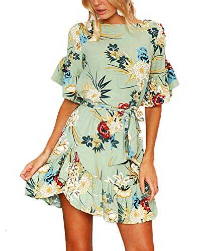 YOINS Women Floral Printed Dress Short Sleeve Mini Dress Casual Summer Pleated Dresses Green