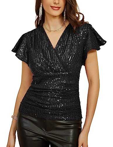 GRACE KARIN Sequin Ruffle Tops for Women Short Sleeve Dressy Sparkly Tops Ruched Wrap Blouse Party Club Cocktail Shirt