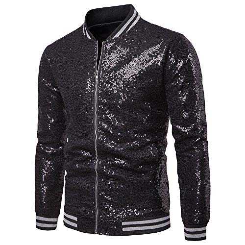 Mugoebu Men's Varsity Jacket Halloween Party Disco Shiny Sparkly Glitter Sequins Bomber JacketLightweight Shiny Clubwear
