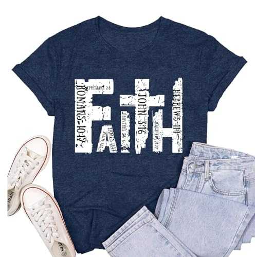 Womens Faith Shirts Christian Cross T-Shirts Bible Verse Blessed Letter Printed Tees Inspirational Tops