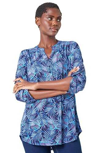 Roman Originals Shirt for Women UK Ladies Top Collarless Blouse Stretchy Tunic Smart Casual Autumn Winter Jersey 3/4 Length Sleeve Notch V Neck Flattering Office Work