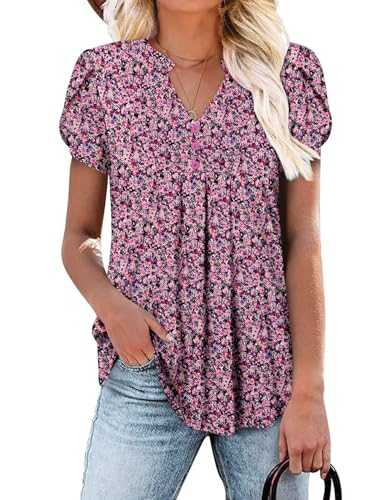 CHICZONE Women's Tunic Tops Summer Short Sleeve Pleated V Neck Button Down Shirts for Leggings