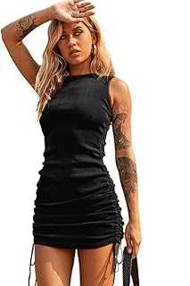 KBRPEY Women's Summer Sleeveless Bodycon Ruched Dress Side Drawstring Solid Tank Mini Dresses Bodycon Dress Office Wear for Casual Club Cocktail Evening Gowns Work