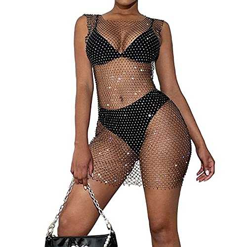 Salircon See Through Glitter Dress Black Mesh Skirt Sexy Bikini Swim Beach Cover Up for Women