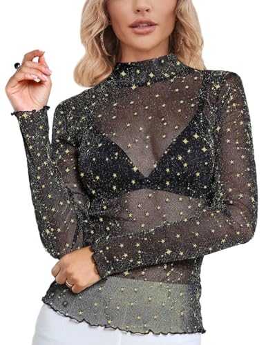MAYFASEY Women Sheer Mesh Tops Stretchy Basic Long Sleeve See Through Tee Shirt Blouse Clubwear