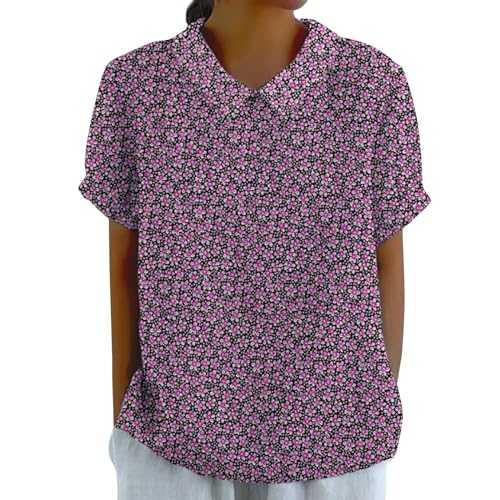 Nuoke Women's Linen Lapel Art Floral Round Neck Loose Tunic Tops Casual Boho Short Sleeve Oversized Holiday T Shirts