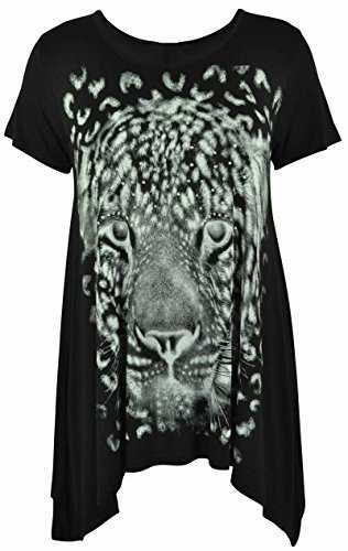 Ladies Plus Size Uneven Hem Short Sleeve Tiger Face Print Womens Stretch Top