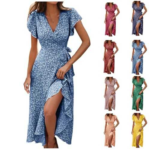 Summer Dresses for Women Elegant V Neck Flared Sleeve Wrap Maxi Dress Ladies Casual Split Ruffle Hem Floral Print Boho Midi Sundress with Tie Waist