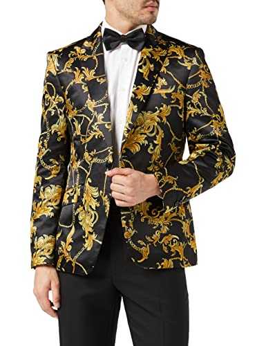 Xposed 905 - MensBlack Gold Floral Brocade Flower Print Fitted Blazer Italian Designer Casual Suit Jacket Coat