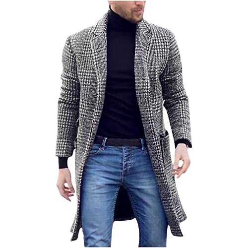 Mens Check Wool Coat Lapel Tweed Coat Medium-length Double-breasted Coarse Coat Men's Grey Checked Woolen Overcoat Men's Plaid Tartan Long Peacoat Elegant Lapel Winter Jackets