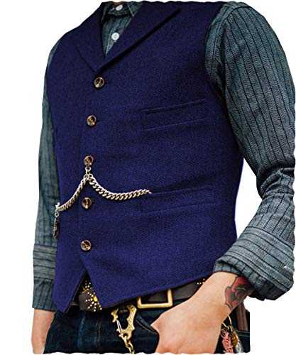 Mens Classic Wool Tweed Suit Vest Casual Sleeveless Jacket Herringbone Waistcoat for Tuxedos - Multi - Large