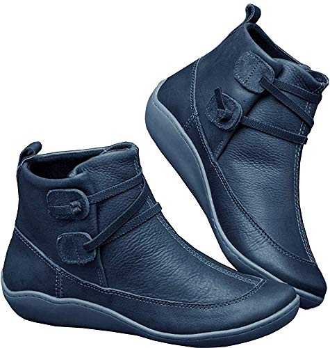 Kinloy Ladies Comfy Ankle Boots Arch Support Leather Anti-Slip Breathable Flat Heel Booties Damping Waterproof Walking Lace-up Shoes Blue Size 5.5 UK