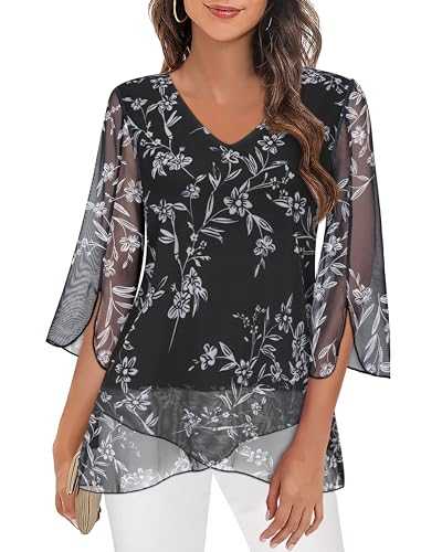 Flikity Womens Tunic Tops 3/4 Ruffle Sleeve Tops V Neck Ladies Chiffon Tops Floral Blouses Flowy Double Layers Mesh Shirts M-XXXL