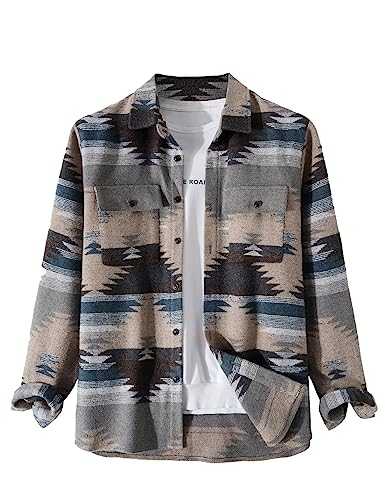 Men's Casual Aztec Print Button Down Woolen Long Sleeve Lightweight Lapel Western Shacket Jacket Coat