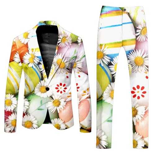 YOSUWOAI Men's Party Suits with Jacket and Trousers 2-Piece Theme Party Elegant Wedding Business Suit 70s 80s Outfit 3D Print Men's Suits Easter Set Slim Fit Men's Suit