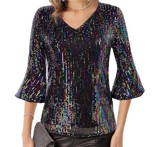 Women Long Sleeve Sequin Tank T Shirt Crew Neck Sparkle Glitter Blouse Top with Waist Belt