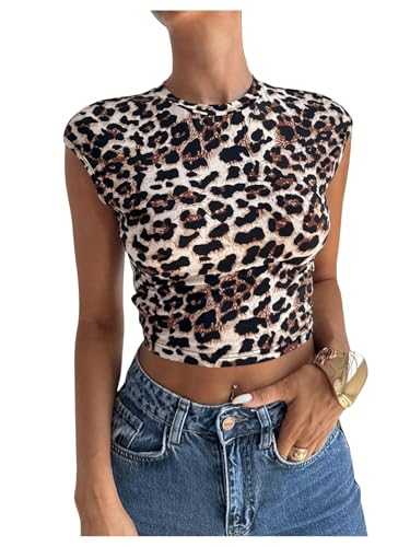 GORGLITTER Women's Leopard Twist Backless T Shirts Crewneck Cap Sleeve Sexy Skinny Crop Tops