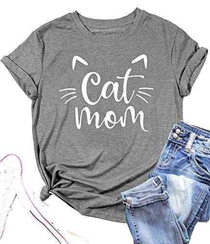 LAZYCHILD Cat Mom Shirts for Women Cat Mama T-Shirts Pet Lover Gifts Shirts Funny Cat Graphic Tees Shirts