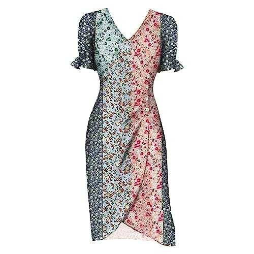 AMDOLE Summer Dresses for Women UK V Neck Fragmented Flower Hem Irregular Floral Print Button Waist Dress Spring Dresses for Women UK