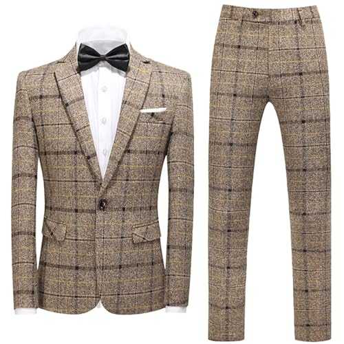 Yaflonjaa Men's Checked Suit 3-Piece Plaid Work Tuxedos Speech One Button Jacket Single Breasted Button Vest Pants Set