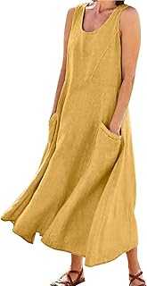 Summer Dresses for Women UK Long Maxi Dresses Cotton Linen Casual Oversized Tunic Dress Sleeveless Vest Dress with Pockets Solid Color A-Line Dress Baggy Sundress Vacation Daily Party Dresses
