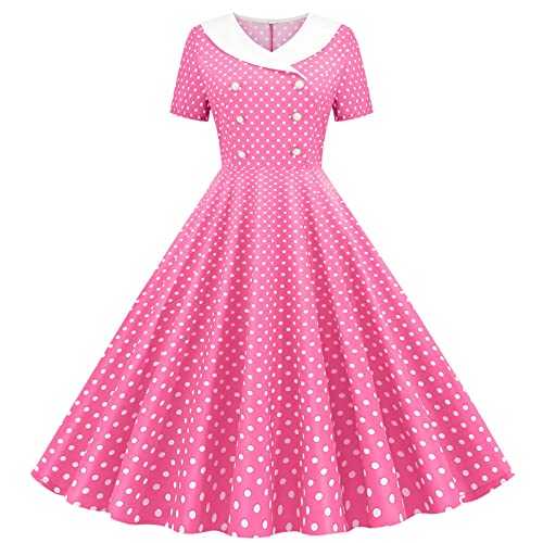 Summer Dresses for Women UK 80S Prom Dress Swing Dresses UK Plus Size Short Sleeve Crewneck Dress Women Flare Dress Short Puff Sleeve Print Dress Retro Doll Collar Lapel Court Style Dress