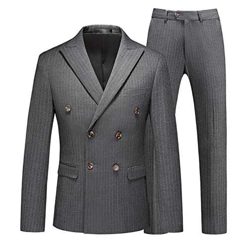 MOGU Mens Suits 3 Piece Double Breasted Suit Pinstripe Slim Fit Tuxedo Jacket Vest Pants for Business Wedding Prom