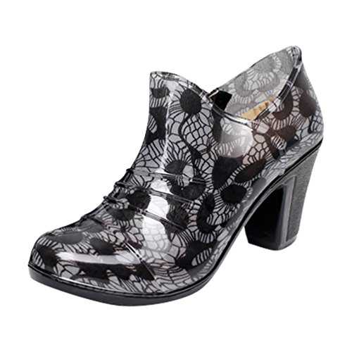 LvRao Women's High Heel Rain Shoes Low Ankle Booties Rubber Wellies Waterproof Shining Garden Boots Grey 38