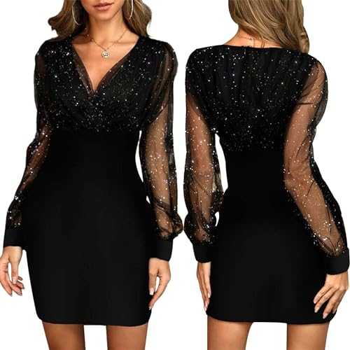 Women's Contrast V-Neck Mesh Long Sleeve Sexy Slim Dress Retro Elegant Party Club Dress Ladies Cocktail Prom