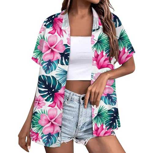 Women's Hawaiian Shirts Button Up Lapel Cool Summer Beach Tops Floral Tropical Coconut Graphic Blouse Short Sleeve Tops