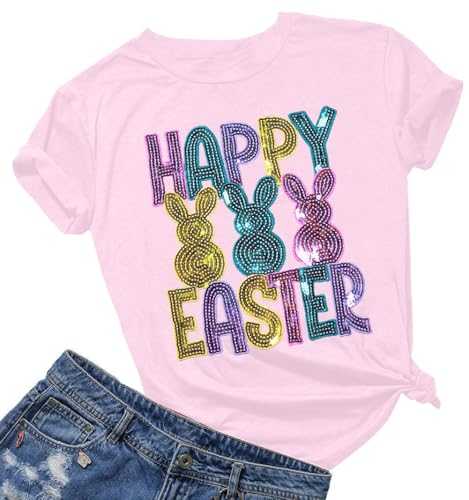 Happy Easter Shirts Women Sequin Bunny Shirt Cute Rabbit Graphic T Shirt Funny Easter Gift Short Sleeve Tee Tops