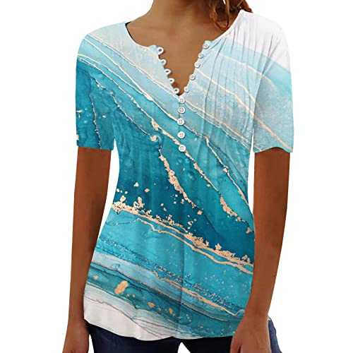 Blouse Elegant Gradient Women Top V Neck Women Clothes Short Sleeve Shirt Women Button Up Longline Loose Fit Casual Henly Shirts Holiday Tunic Tops for Women UK