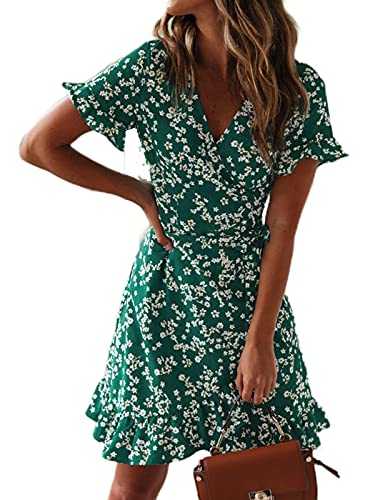 TOPLAZA Beach Wrap Dress Women Chiffon V Neck Flower Print Short Sleeves