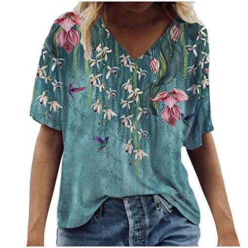 Janly Clearance Sale Women's Blouse, Ladies Fashion Casual Plus Size Scenic Flowers Printing Round Neck T-Shirt Tops, for Winter Christmas Valentine's Day Deals (Blue-M)