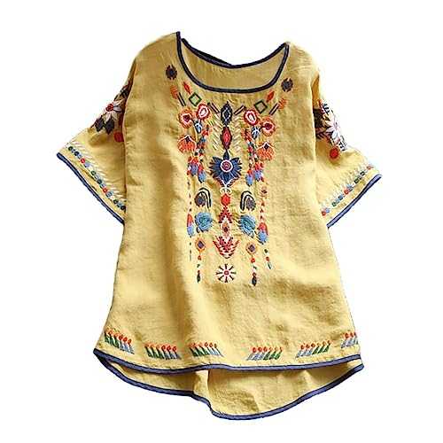 TURWXGSO Ladies Tops Summer Short Sleeve T-Shirts Boho Embroidered Top Retro Floral Mexican Shirts Cotton Linen Pullover Tunic Blouses Casual Crew Neck Tshrts UK Plus Size 8-20 Sale