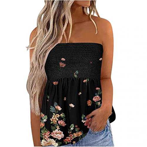 AMhomely Summer Tank Tops for Women Strapless Tube Tops Stretch Pleated Bandeau Top Floral Sleeveless Vest Tops Tunic Shirts Blouse Loose Tank Tops Vest Shirt Casual Pleated Flowy Tunic Blouse