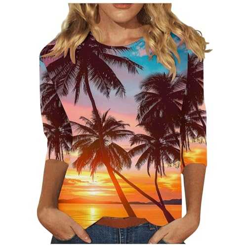 CGGMVCG T Shirts for Women Summer Beach Fashion Tropical Hawaiian Print Tees 3/4 Length Sleeve Blouses Round Neck Graphic Tshirt