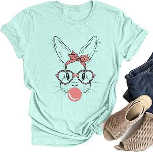 Funny Bunny Print T Shirt for Women Cute Grapic Leopard Shirts Family Blouse Gifts Easter Tops Tee