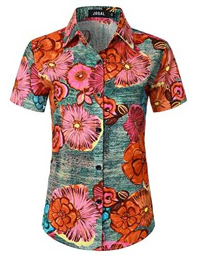 JOGAL Women's Floral Blouse Casual Button Down Short Sleeve Aloha Tropical Hawaiian Shirt